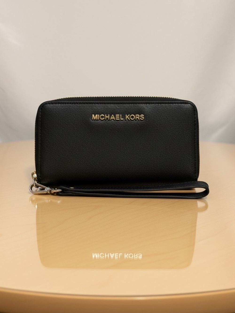 Michael Kors Black Leather Wristlet Wallet with Gold Logo NWOT